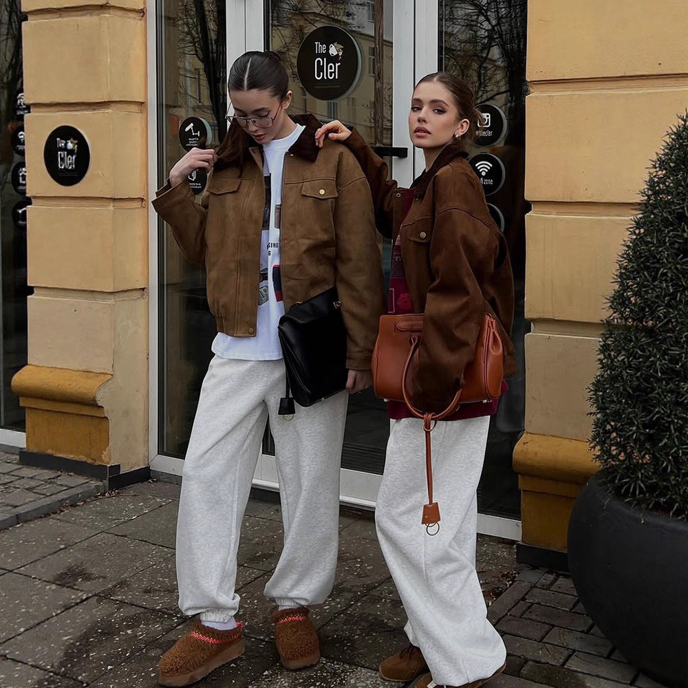 Women's Boxy Suede Blouson Jacket with Cord Collar and Teddy Lining Mune Fashion