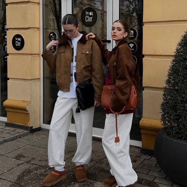 Women's Boxy Suede Blouson Jacket with Cord Collar and Teddy Lining Mune Fashion