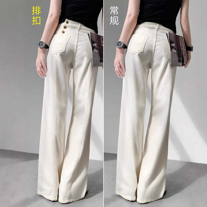Women's high-waisted wide-leg jeans in palazzo cut with visible double-button placket Mune Fashion