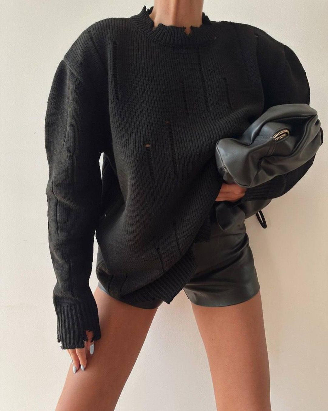 Women Oversized Chunky Knit Sweater with Distressed Details and Ribbed Hem Mune Fashion