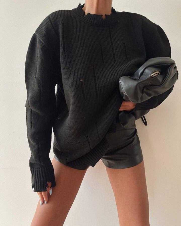 Women Oversized Chunky Knit Sweater with Distressed Details and Ribbed Hem Mune Fashion