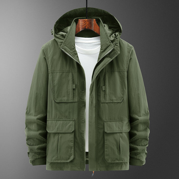 Men's Lightweight Outdoor Field Jacket with Hood, four patch pockets and concealed zipper Mune Fashion
