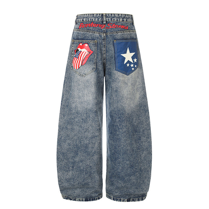 Women's High-Waist Wide Palazzo Jeans with Statement Patches and Retro Embellishments Mune Fashion