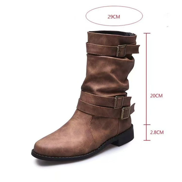 Women's casual mid-calf boots with soft slouch effect, decorative buckle straps and sturdy block heel Mune Fashion