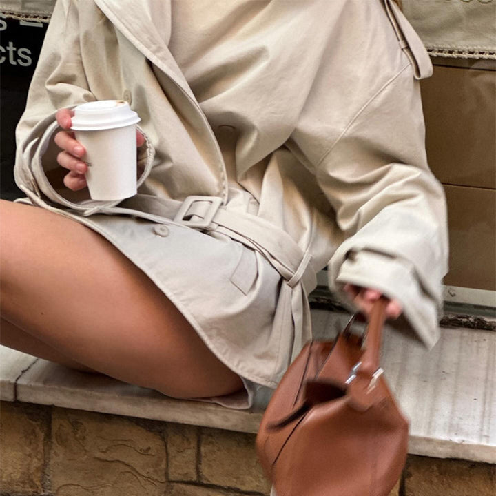 Women's short trench coat made of cotton blend with waist belt & shoulder epaulettes Mune Fashion