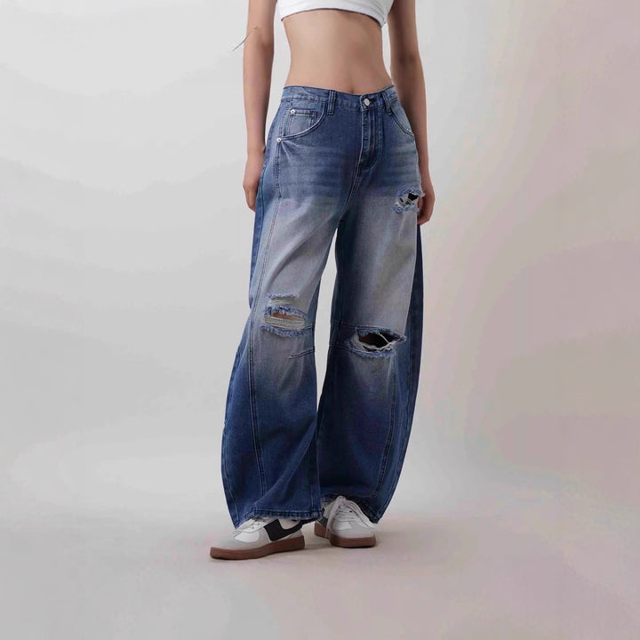 Women nan Baggy Jeans with high waistband, visible seam panels and distressed knee areas Mune Fashion