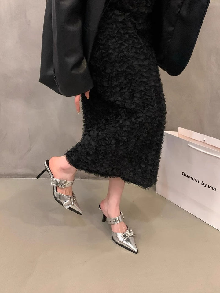 Women's pointed toe mule slippers with double buckle strap, eyelet detail, and low kitten heel Mune Fashion
