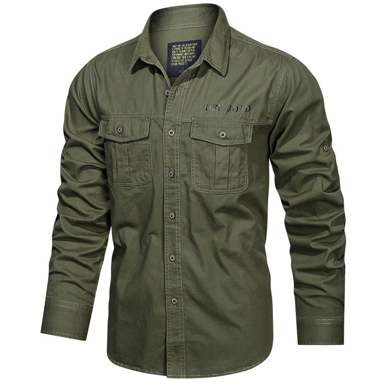 Men's robust utility shirt with patch chest pockets and sleeve tabs