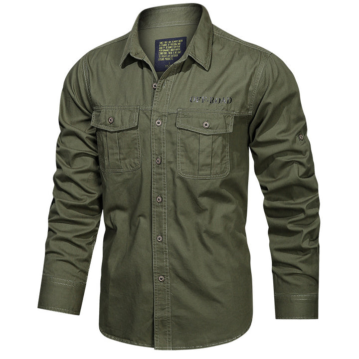 Men's robust utility shirt with patch chest pockets and sleeve tabs