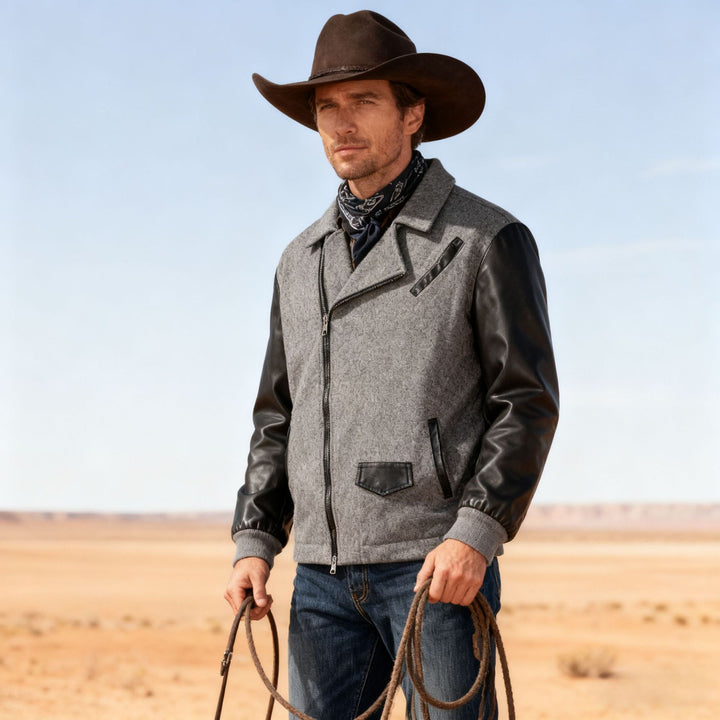 Men's short jacket in aviator style with contrast sleeves and asymmetric zipper Mune Fashion
