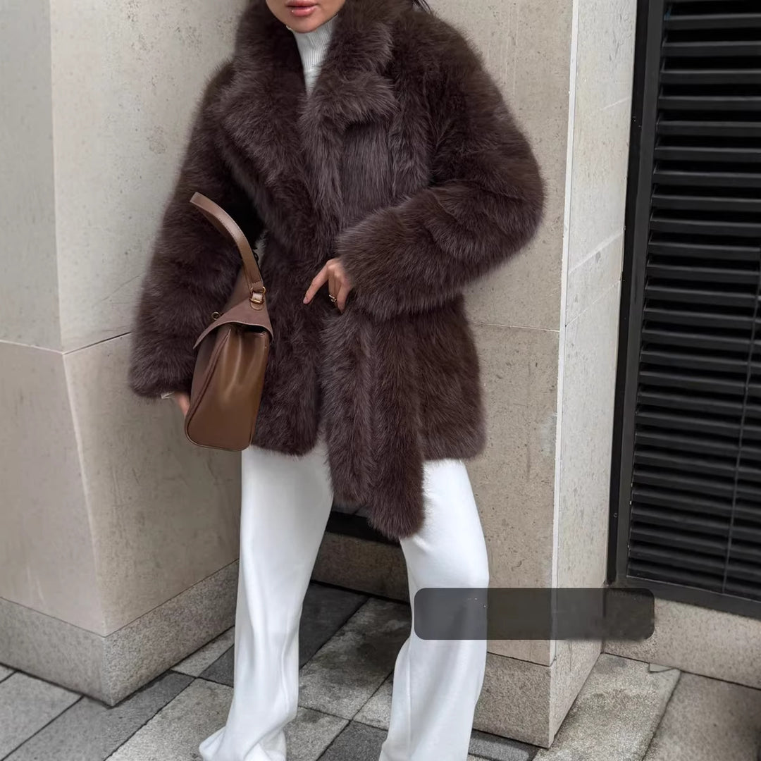 Women Boxy Short Coat made of extra fluffy high pile with wrap belt Mune Fashion