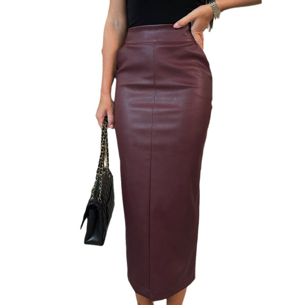 Women's Midi Skirt Made Of High-Quality Leather Imitation with A High Waistband Mune
