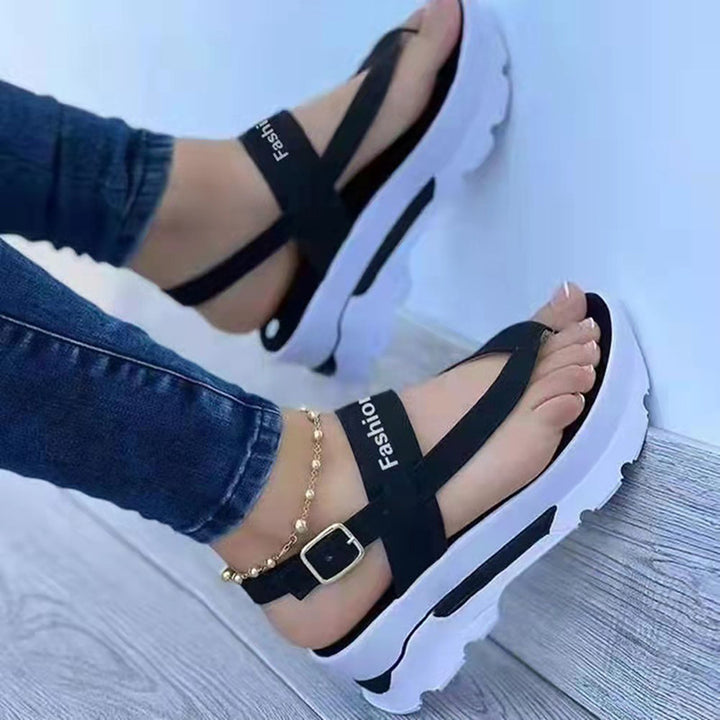 Women’s platform sandals with toe post, padded footbed, and adjustable ankle strap Mune Fashion