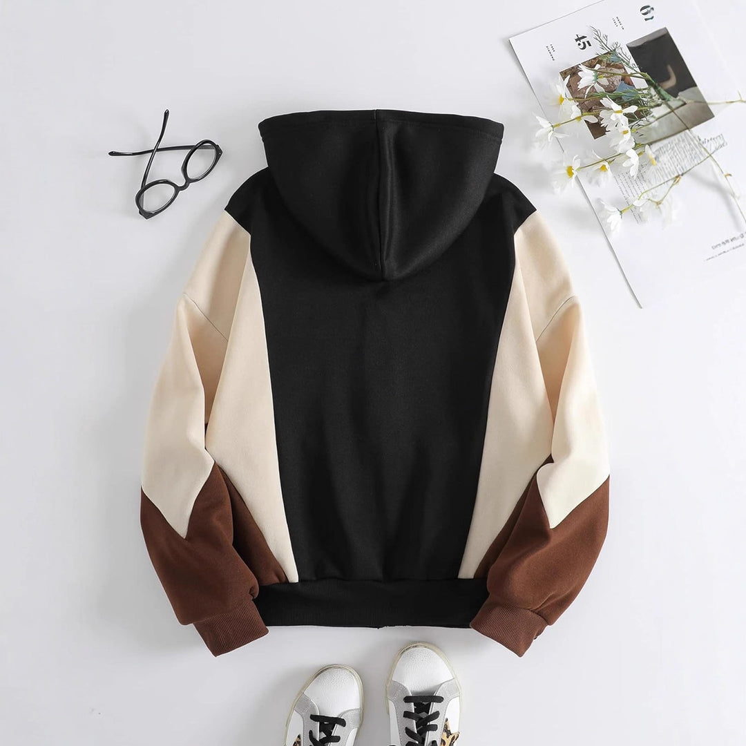 Women's Hooded Sweat Jacket with Color Block, Zipper and Kangaroo Pocket Mune Fashion
