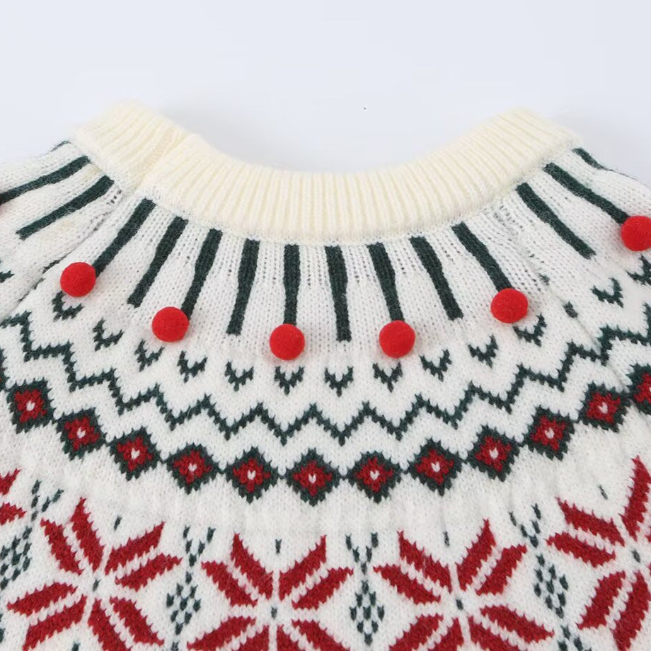 Women's knit sweater with Norwegian border and attached decorative pompons Mune Fashion