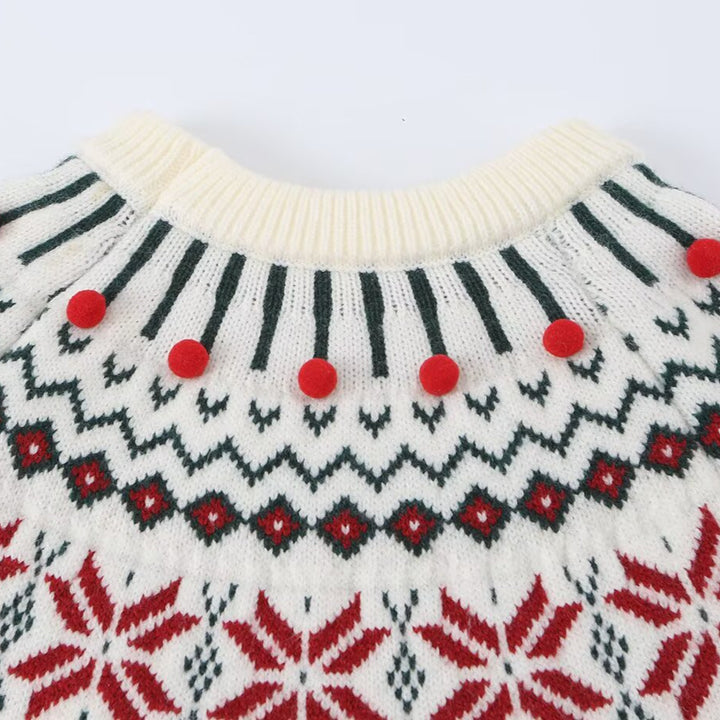 Women's knit sweater with Norwegian border and attached decorative pompons Mune Fashion