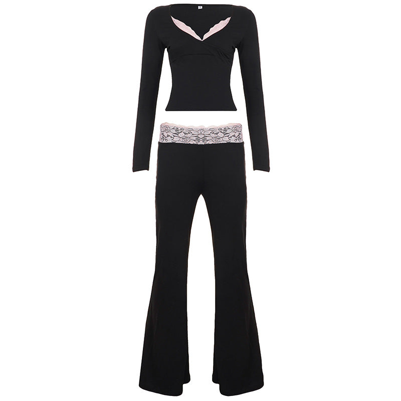 Ladies nan Lounge set with lace waistband, V-neck and flared bell-bottoms Mune Fashion