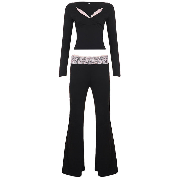 Ladies nan Lounge set with lace waistband, V-neck and flared bell-bottoms Mune Fashion