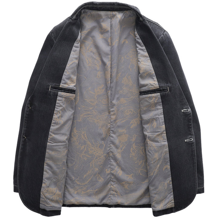 Men's Casual Jeans Blazer with Notched Lapels, Patch Pockets and Floral Patterned Lining Mune Fashion