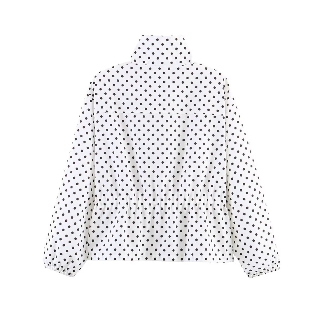 Ladies Cropped Polka Dot Transition Jacket with Stand-Up Collar and Waist Gathering Mune Fashion