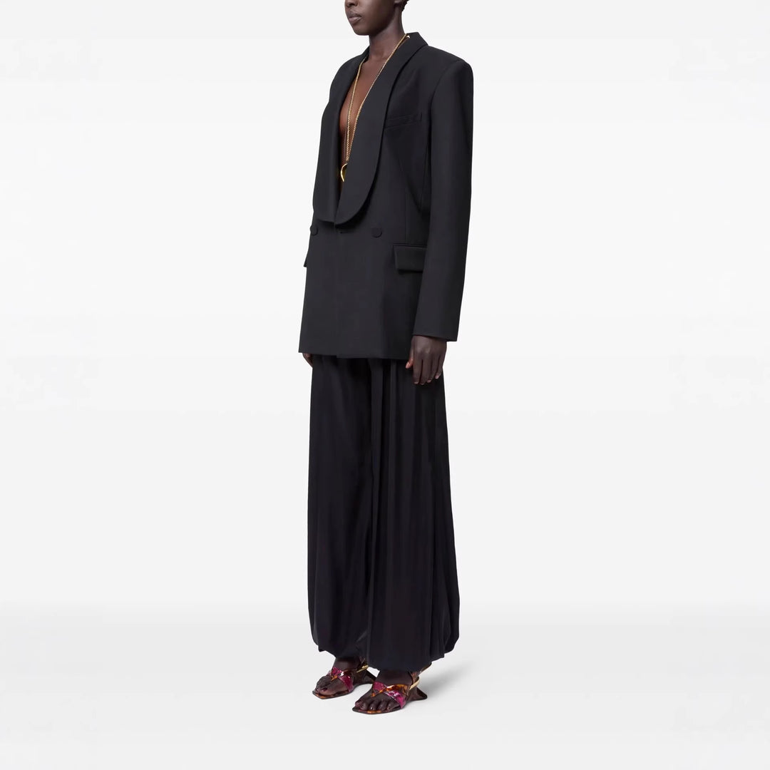 Women's Oversized Smoking Long Blazer with Deep Shawl Collar and Extended Shoulder Line Mune Fashion