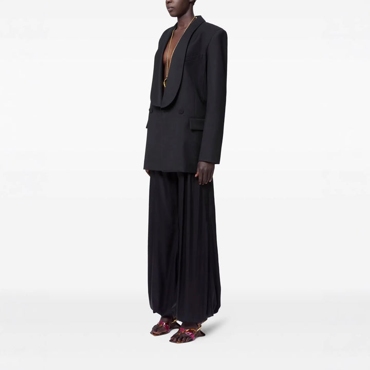 Women's Oversized Smoking Long Blazer with Deep Shawl Collar and Extended Shoulder Line Mune Fashion