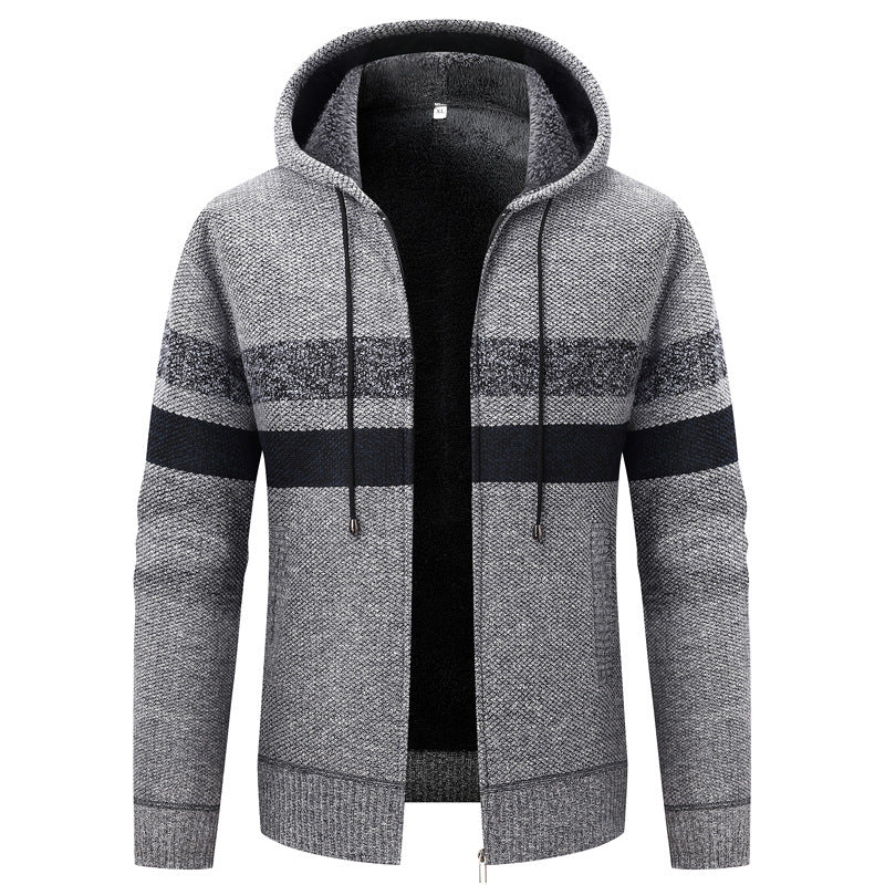 Men's knit zip hoodie with teddy lining, full-length zipper and block stripes Mune Fashion