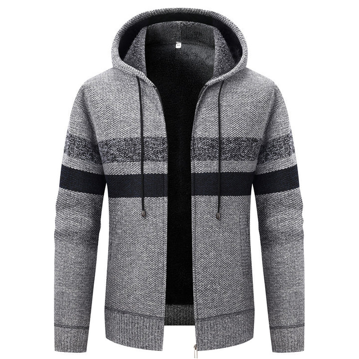 Men's knit zip hoodie with teddy lining, full-length zipper and block stripes Mune Fashion