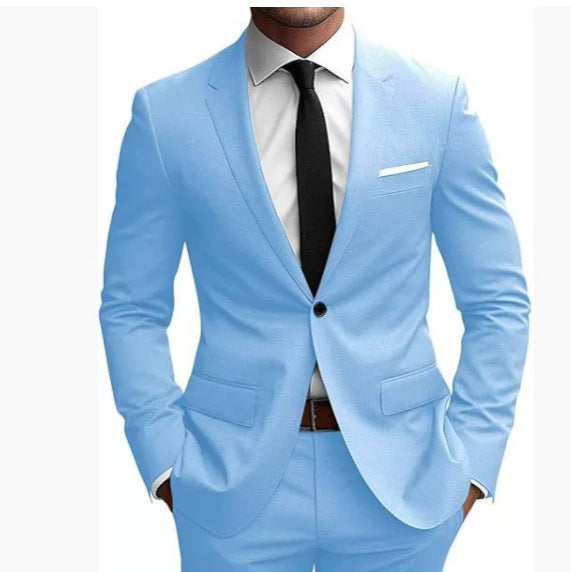 Men's fitted one-button suit set with notched lapels, French flap pockets, and slight stretch content Mune Fashion