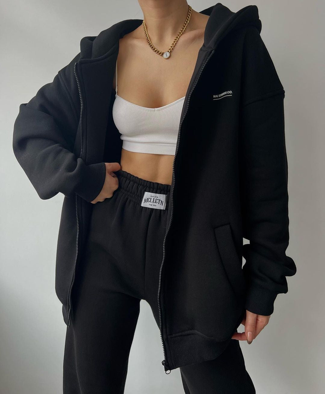 Women's Oversized Hooded Sweat Jacket with Zipper and High-Waist Jogging Pants Set Mune Fashion