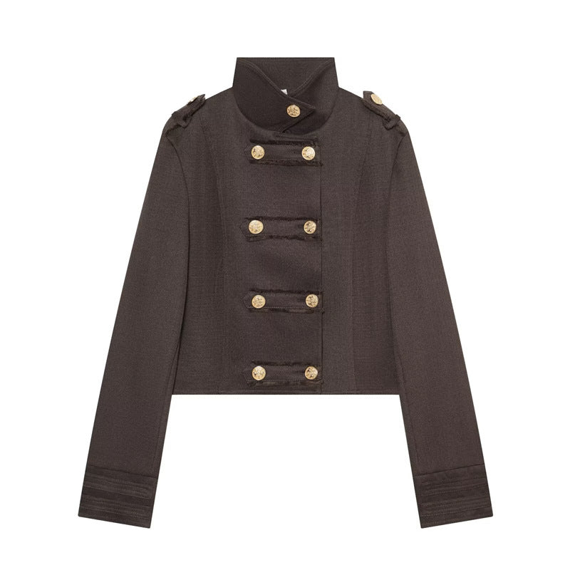 Women's Cropped Uniform Jacket in Military Style with Stand-up Collar and Decorative Button Placket Mune Fashion