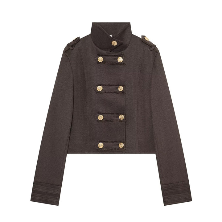 Women's Cropped Uniform Jacket in Military Style with Stand-up Collar and Decorative Button Placket Mune Fashion