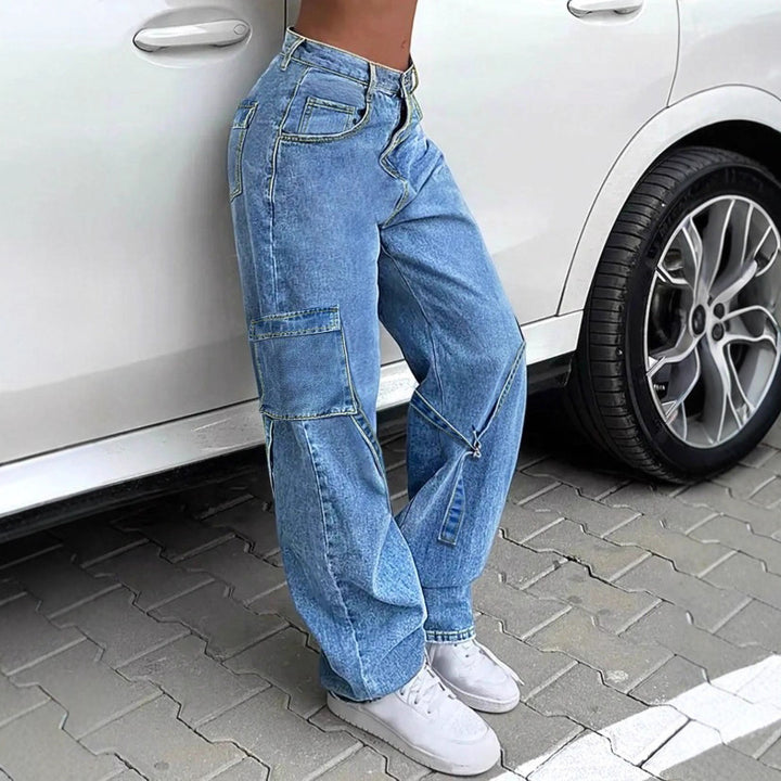 Women's Baggy Cargo Jeans Pants with Wide Leg, Applied Pockets and Zipper Detail Mune Fashion