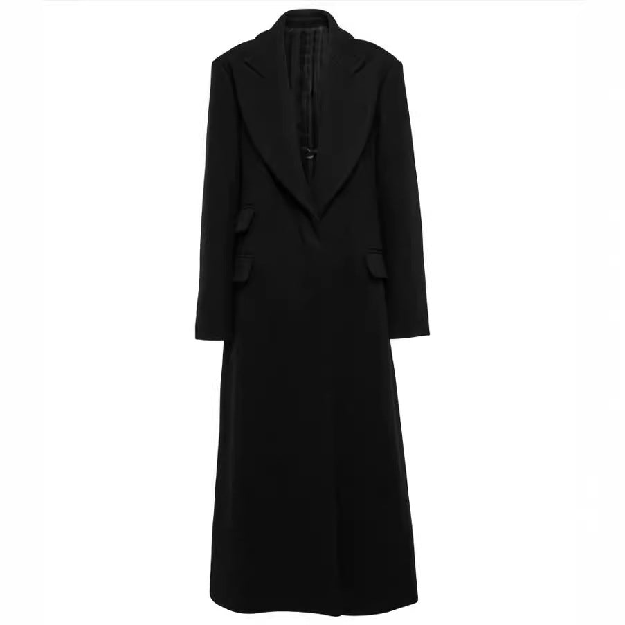 Women's Floor-Length Longline Single-Breasted Wool Blend Coat with Distinctive Shoulder Design Mune Fashion