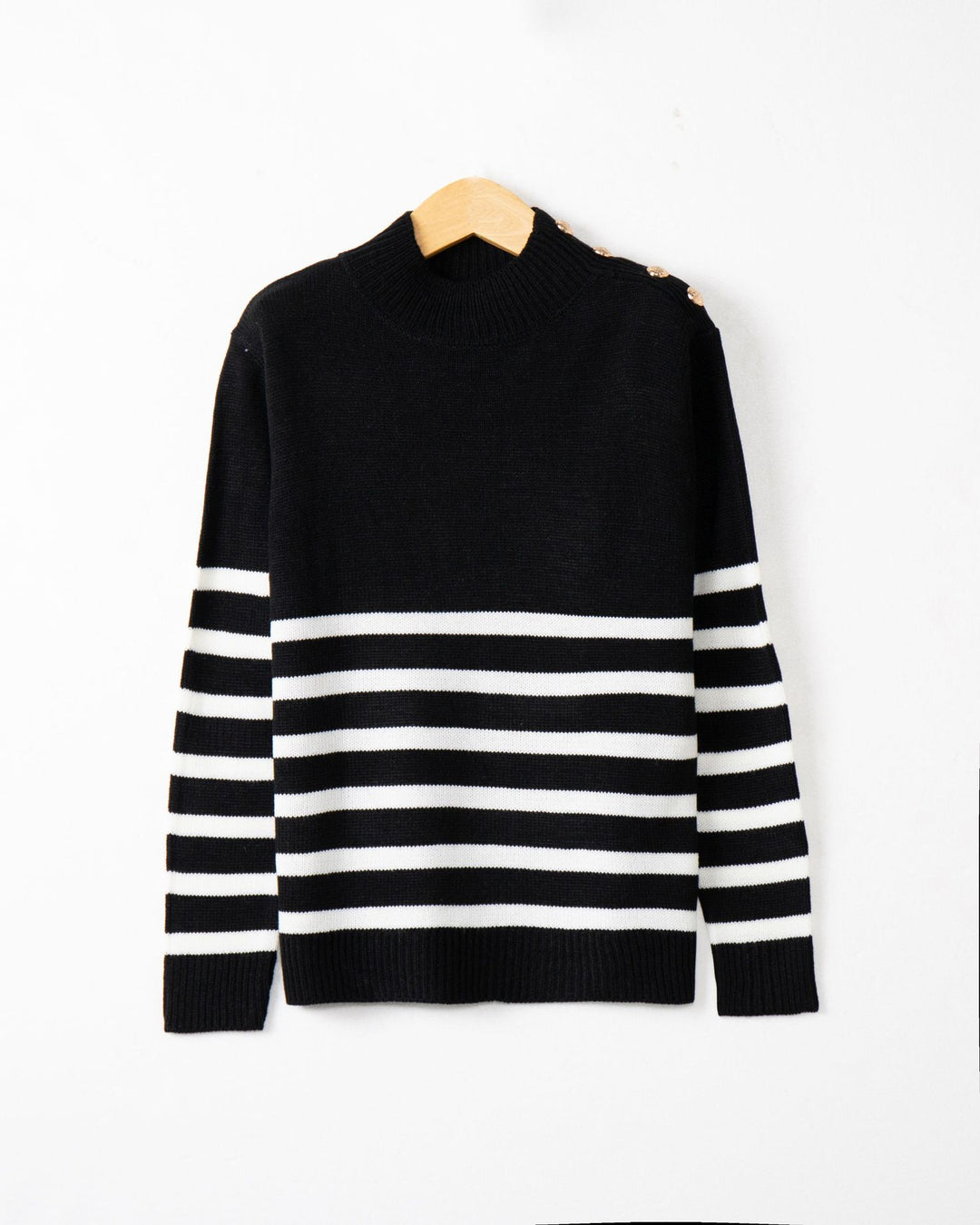 Women's Striped Turtleneck Sweater with Decorative Shoulder Buttons and Ribbed Cuffs Mune Fashion