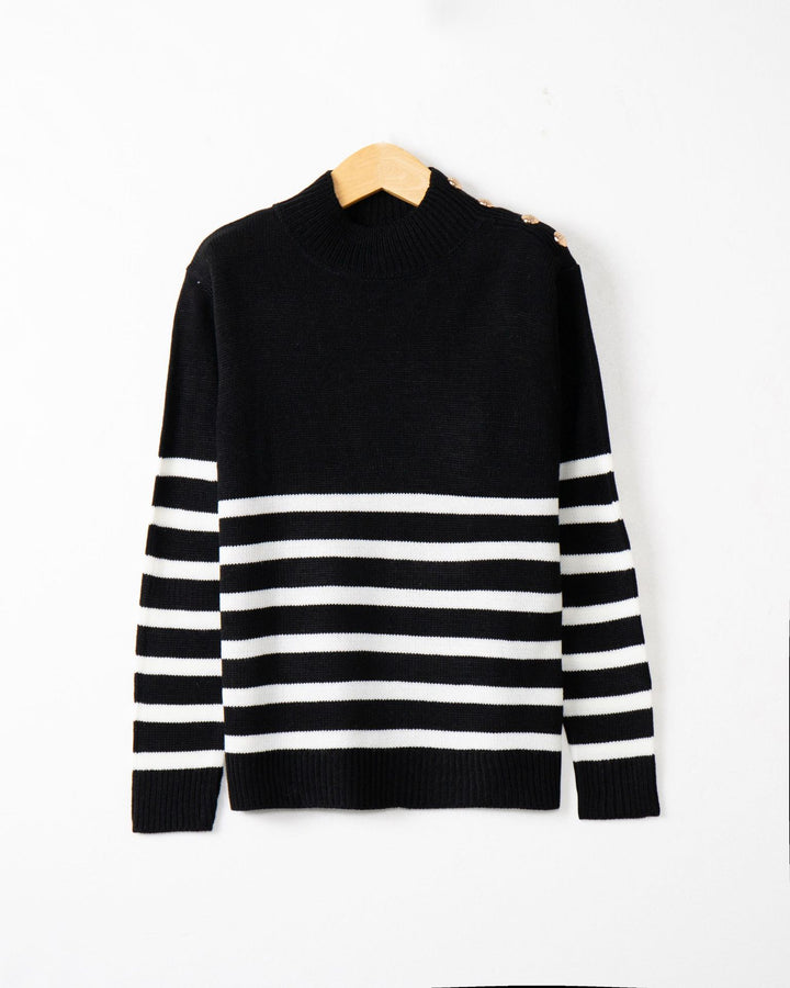 Women's Striped Turtleneck Sweater with Decorative Shoulder Buttons and Ribbed Cuffs Mune Fashion