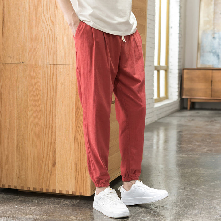 Men's Relaxed-Fit Linen Blend Jogging Pants with Pleats, Drawstring, and Elastic Cuffs Mune Fashion