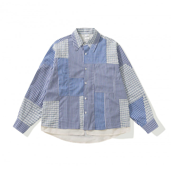 Unisex Oversized Patchwork Overshirt made of lightweight cotton blend with checkered design and shirt collar Mune Fashion