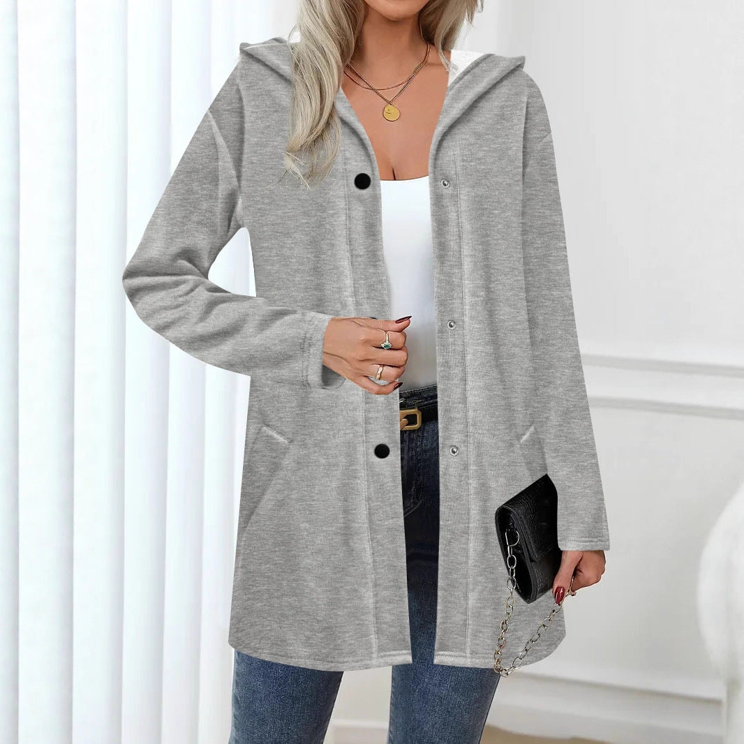 Women's Long Hooded Cardigan with Snap Button Placket, Side Pockets and Relaxed Silhouette Drune