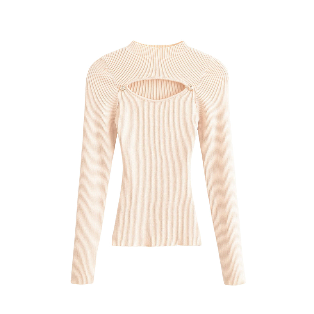 Women's Ribbed Stretch Fine Knit Sweater with Chest Cut-Out and Decorative Buttons Mune Fashion