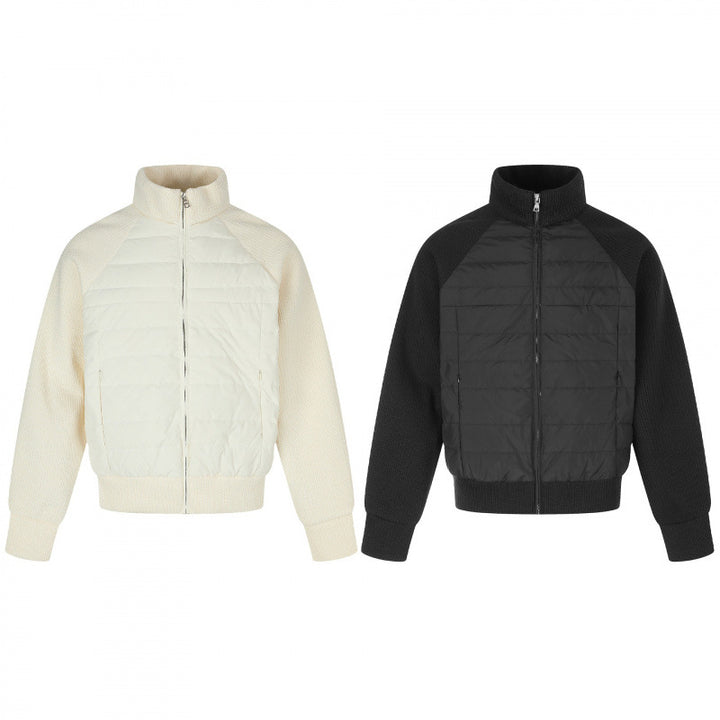 Women's hybrid quilted jacket with quilted front, chunky knit sleeves, and high stand-up collar Mune Fashion