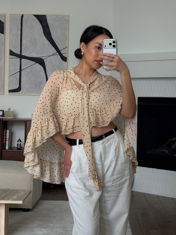 Women’s transparent polka dot chiffon cropped blouse with tie band, ruffles and cape cut Mune Fashion