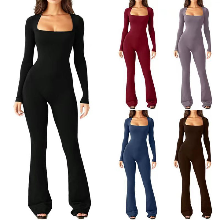 Women's figure-hugging jumpsuit with square neckline, long sleeves, and flared leg Mune Fashion