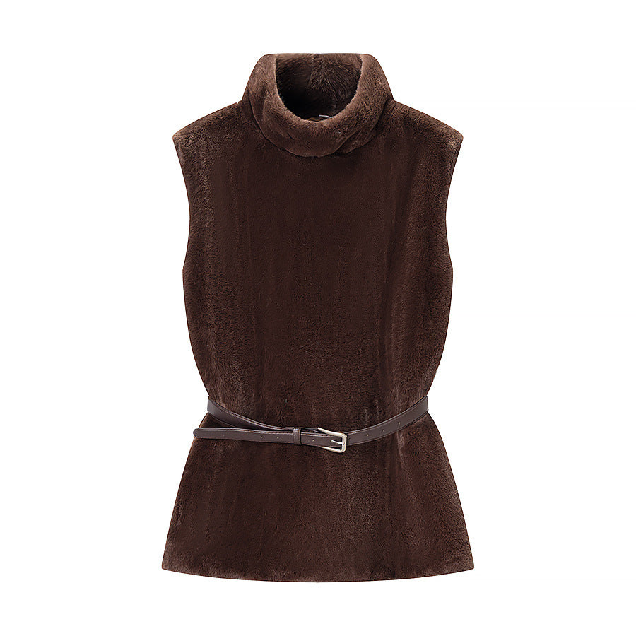 Ladies Sleeveless Faux Fur Vest with Turtleneck and Waist Belt Mune Fashion