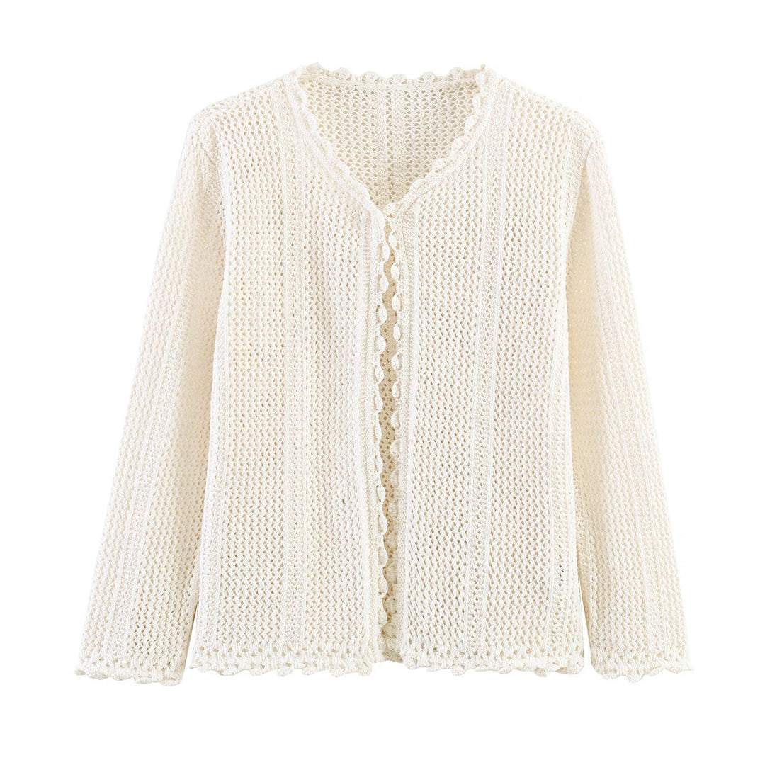 Women's Open Crochet Cardigan with V-Neck and Wave Edge Mune Fashion
