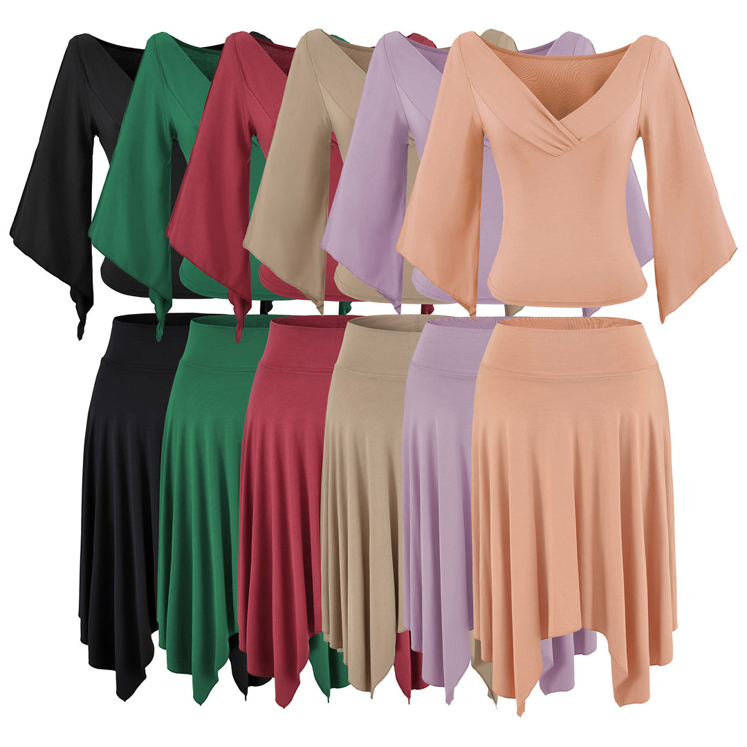Women's Two-Piece Set with Draped Top with Bat Sleeves and Asymmetrical Flared Skirt Mune Fashion
