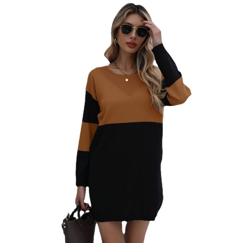 Women's fine knit mini dress with color block design, V-stitched neckline and ribbed hem