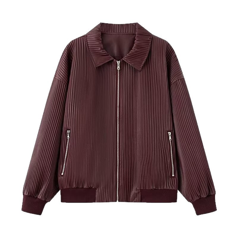 Women Pleated Bomber Jacket with fine vertical structure, metal zipper and elastic cuffs Mune Fashion