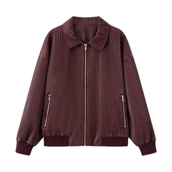 Women Pleated Bomber Jacket with fine vertical structure, metal zipper and elastic cuffs Mune Fashion