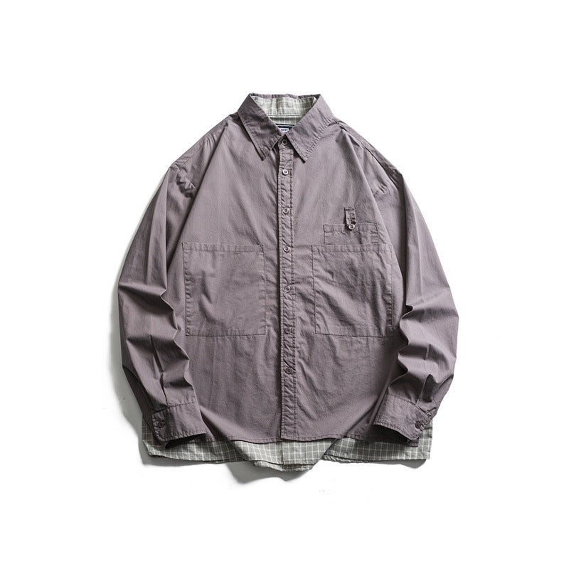 Unisex Oversized Shirt Jacket in Layered Look with Patch Chest Pockets and Check Insert Edge Mune Fashion